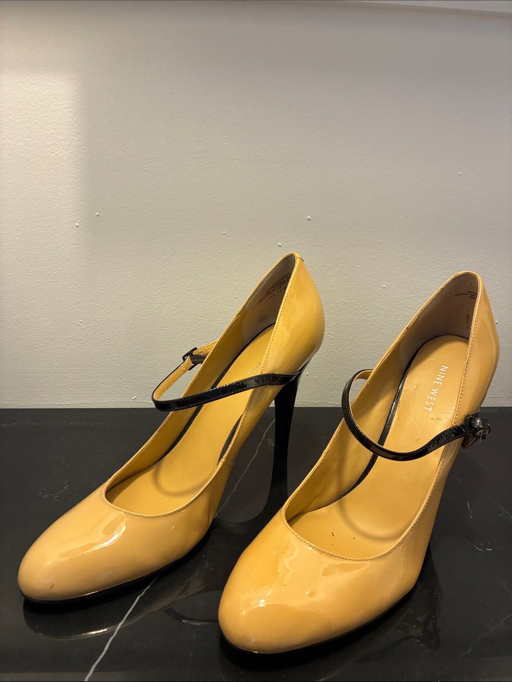 Nine West Tan Patent Mary Jane Heels with Black Strap